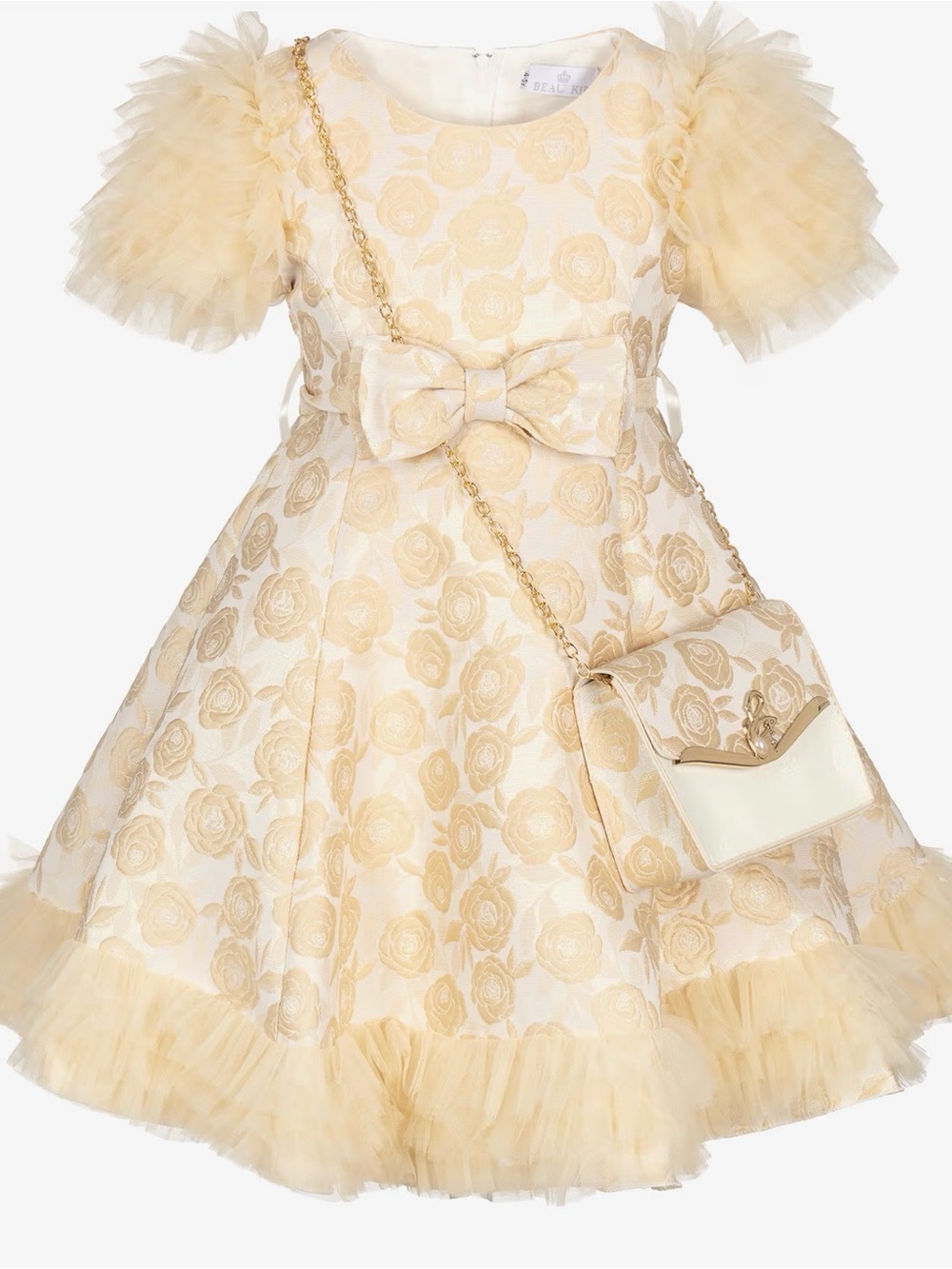 Girls Gold Floral Jacquard Dress & Bag Set
